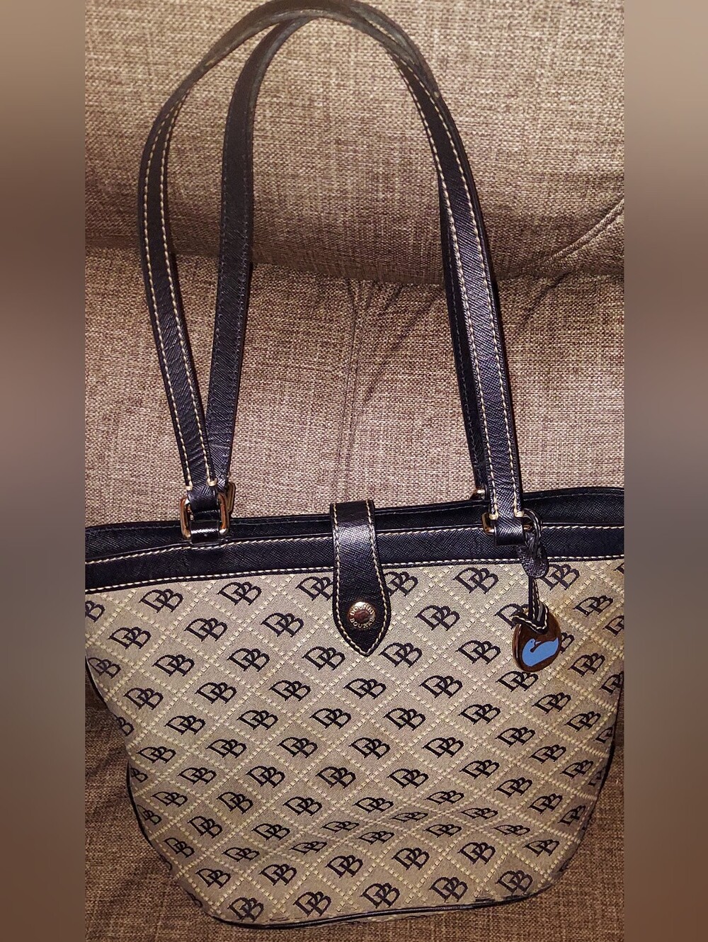 Dooney & Bourke Black and Beige Logo Tote with Heart Charm